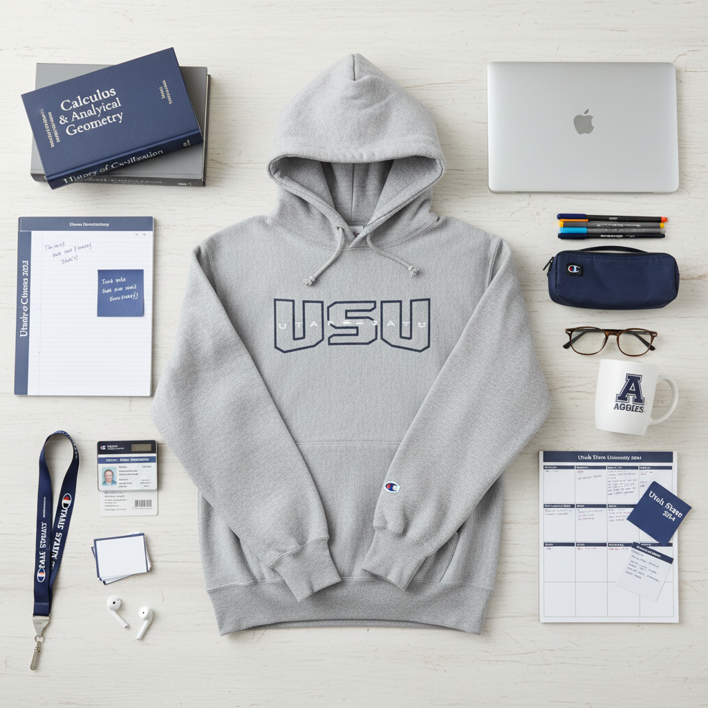 Champion Reverse Weave - Utah State University Hoodie - Gray - Size M Educational themed flat lay