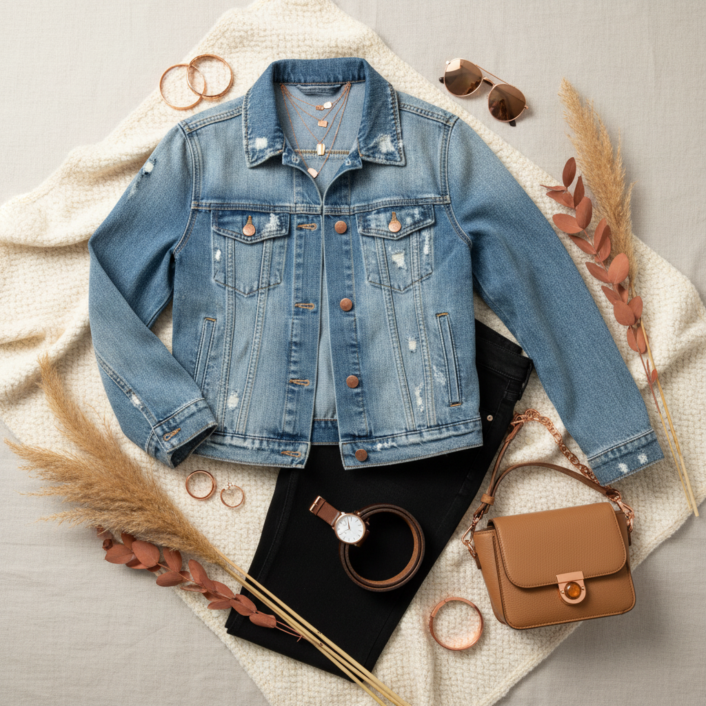 Fidelity Denim Jacket Flat Lay with Copper Accents