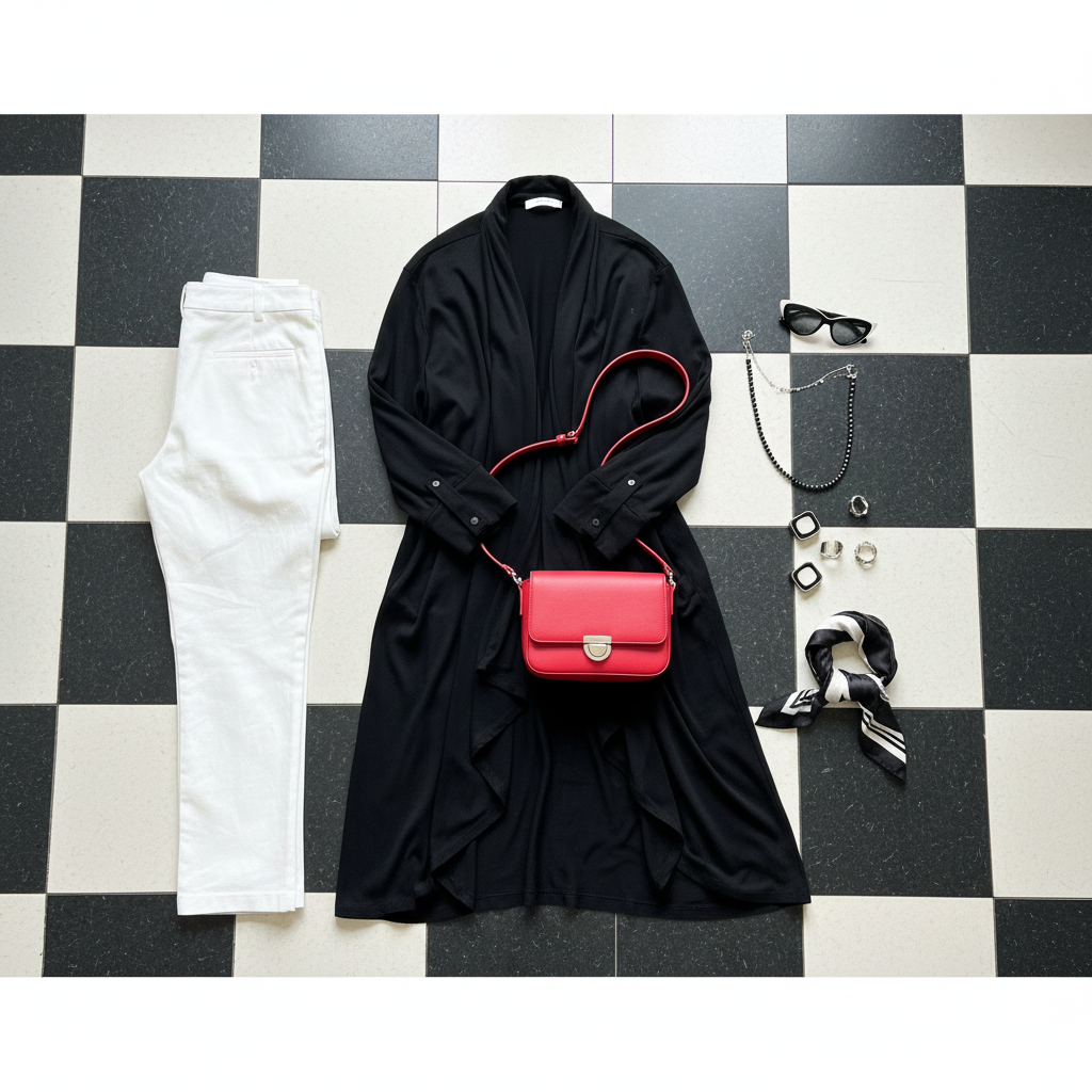 Flat lay of black wrap with accessories on checkered floor