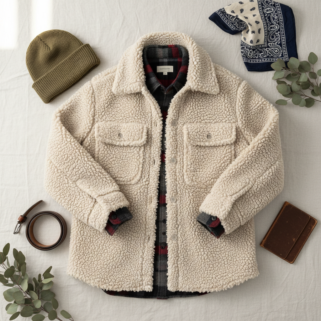 H&M - Cream Sherpa Jacket - Size XS So cute Flat lay of cream sherpa jacket with plaid shirt, bandana, and hat