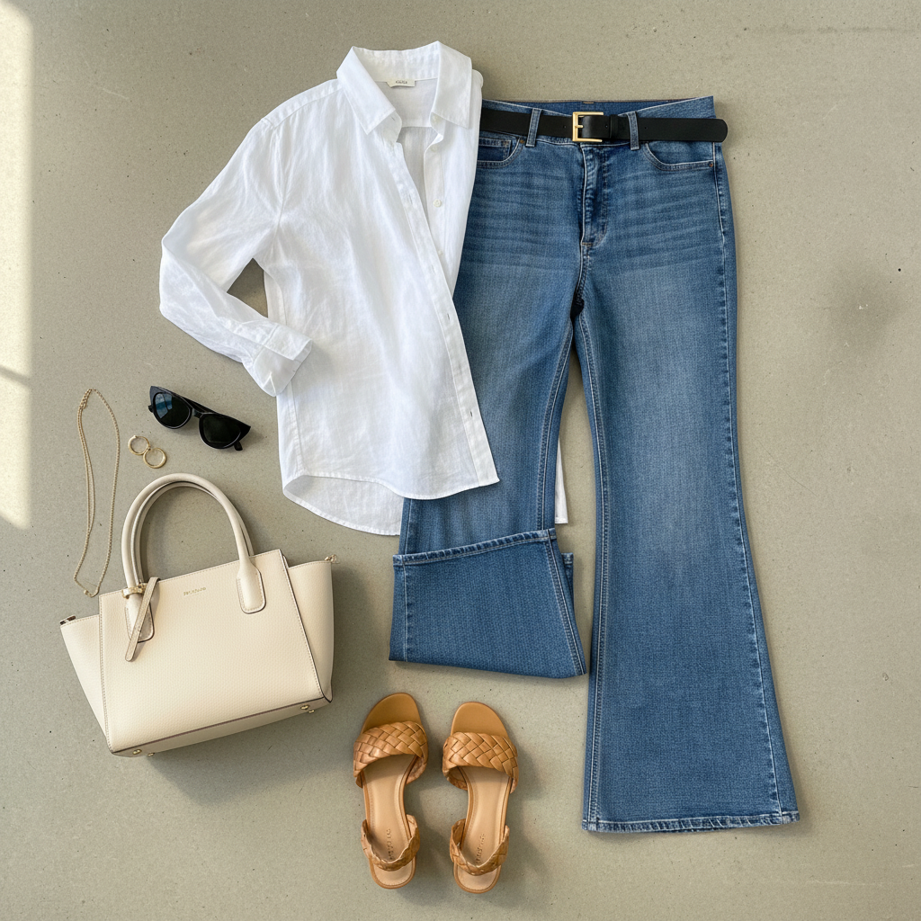 Sophia Jeans - Medium Blue Wide Leg Jeans - Size 12 - Flat lay styling of medium blue wide-leg jeans with accessories