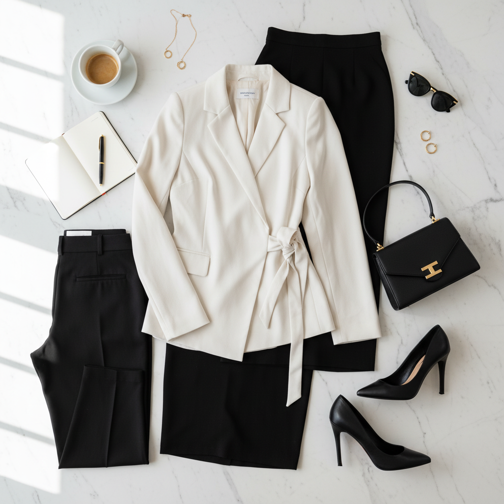 Spanx - Ivory Blazer Jacket with Side Tie - Size XS - Flat lay styling of Spanx ivory blazer with accessories