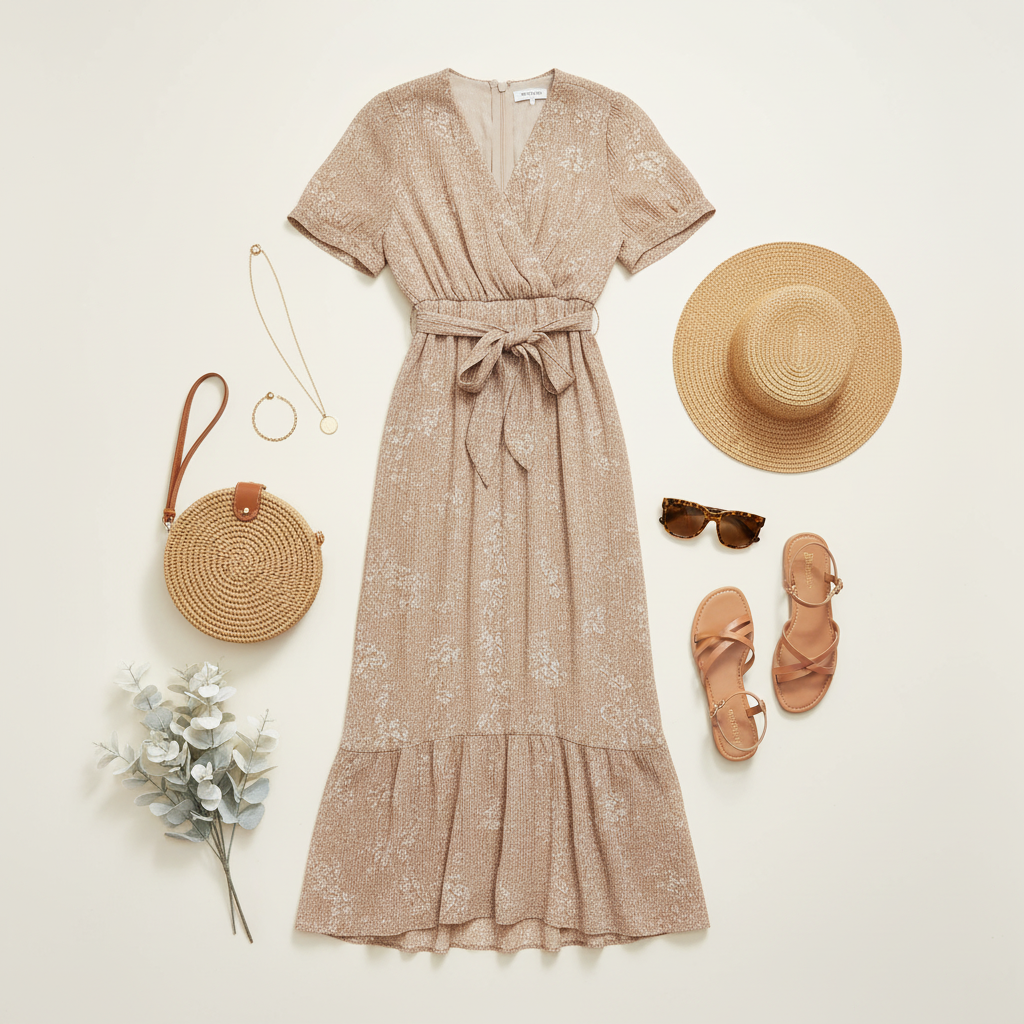 Orange Creek L.A. - Tan Floral Crinkle Chiffon Maxi Dress - Size L Flat lay styling of crinkle chiffon maxi dress