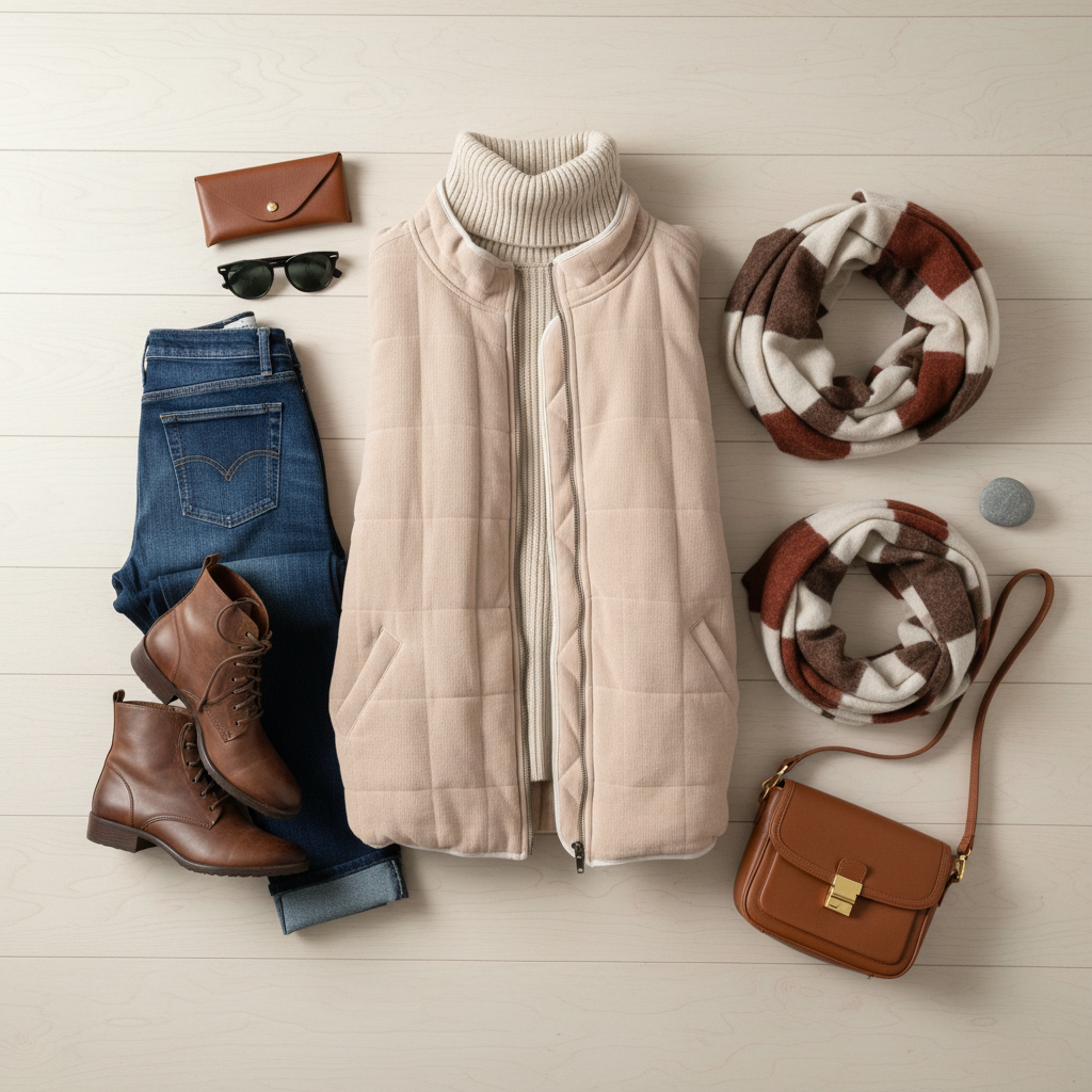 Unbranded - Tan Quilted Coat - Size XL  Flat lay styling of tan quilted coat with accessories