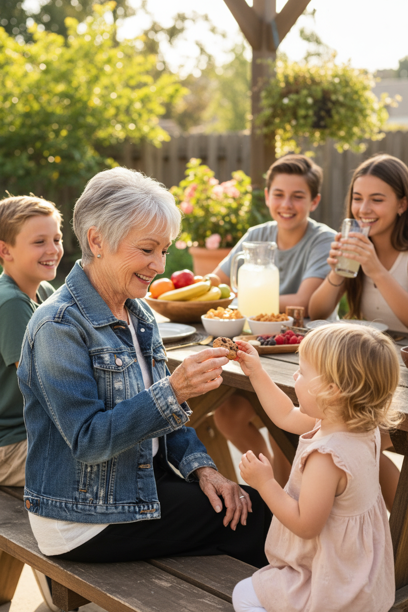 Grandma feeding grandchild wearing Fidelity Denim jacket