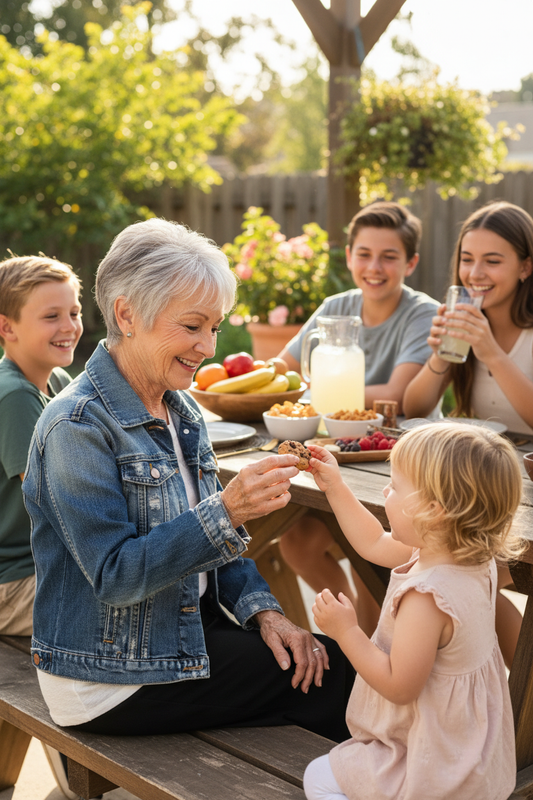 Grandma feeding grandchild wearing Fidelity Denim jacket