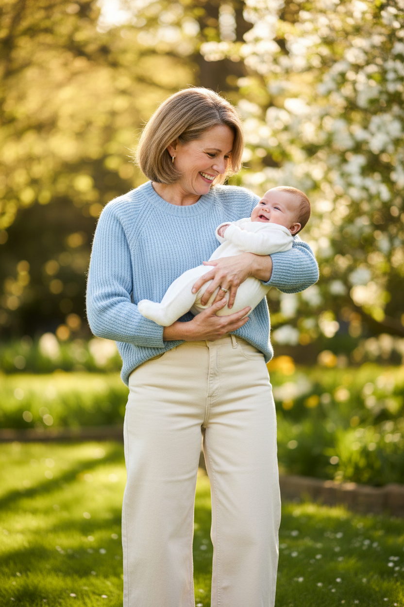 Grandmother holding baby in cream wide leg jeans