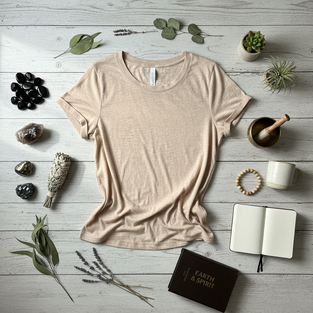 Grounding holistic flat lay of tan burnout tee