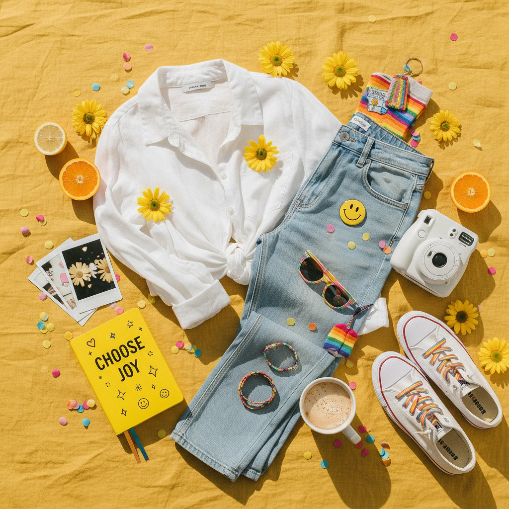 Happiness themed flat lay of light blue jeans