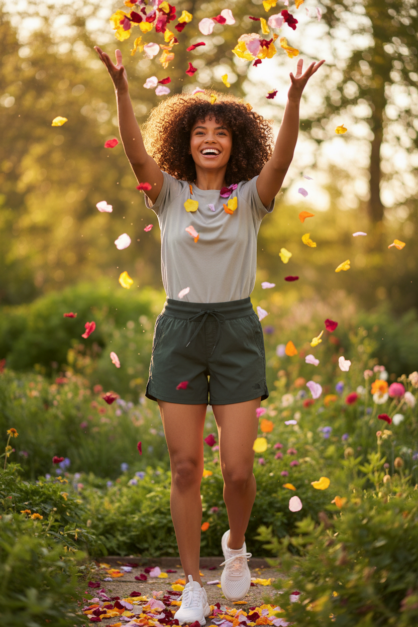 Happy model in dark green shorts throwing flower petals