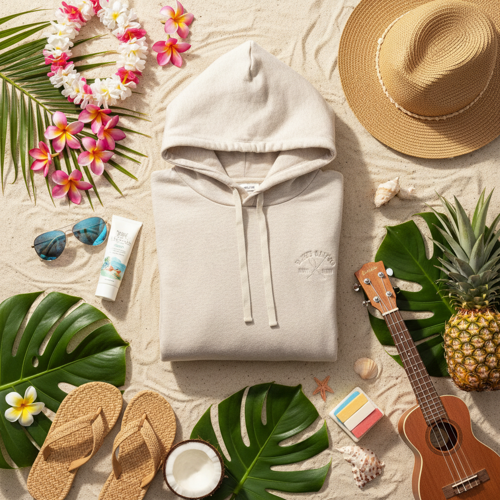 Techstyles - Duke's Waikiki Hooded Sweatshirt - Heathered Tan/Grey - Size XL - Hawaiian themed flat lay