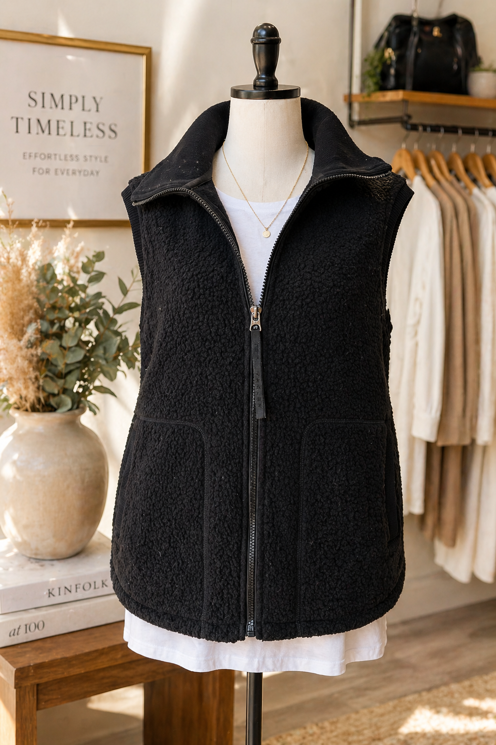 Varley Vest Selling at high end boutique, front view, borg fleece, zipper closure. indoor or outdoor.