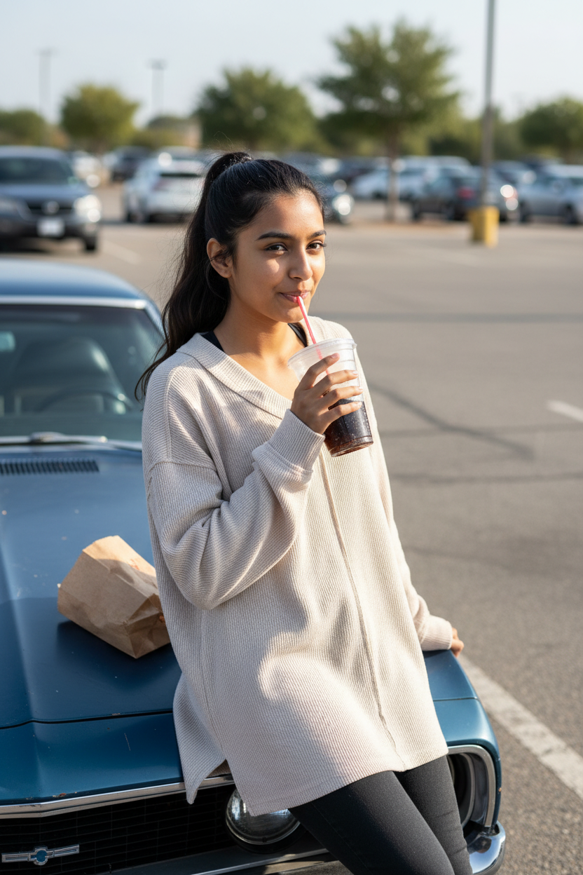 Tan Oversized Ribbed V-Neck Top with Exposed Seaming - Size L - enjoying lunch in top.