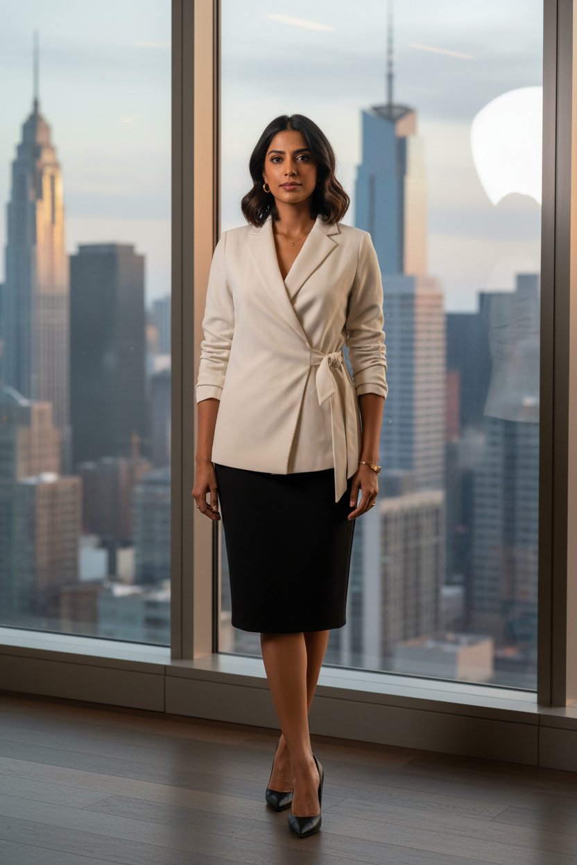 Spanx - Ivory Blazer Jacket with Side Tie - Size XS - woman in Spanx ivory blazer with black skirt and heels