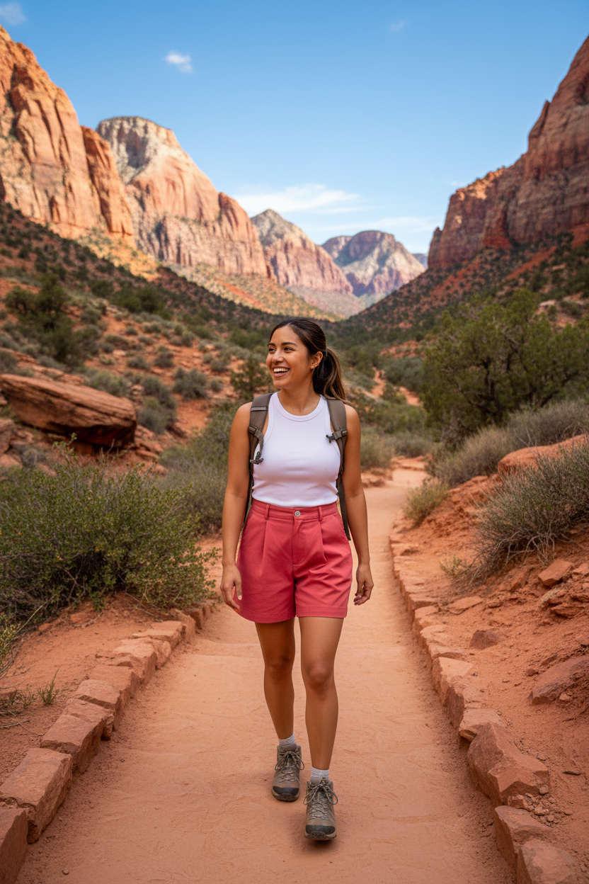 Latina woman hiking in Zions Canyon wearing darker coral shorts