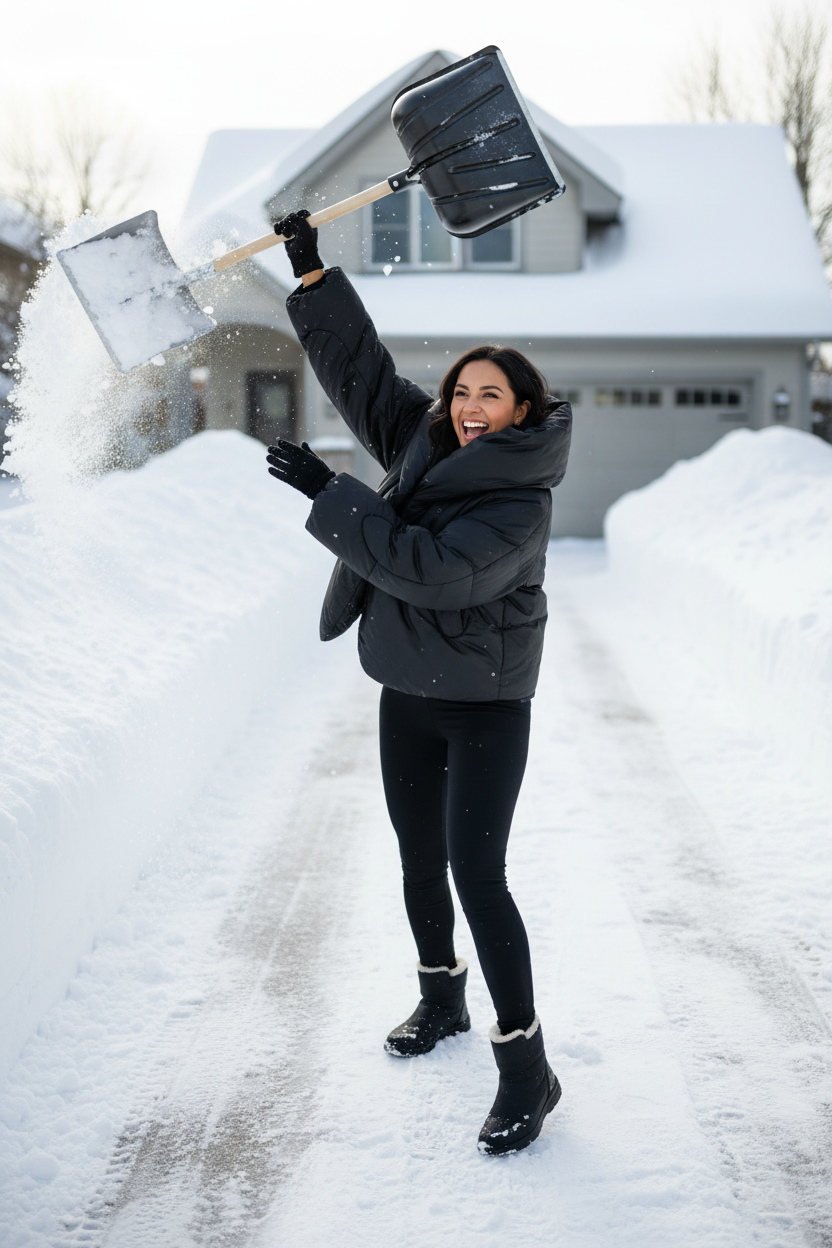 Latina woman playfully shoveling snow in Lululemon black puffer coat