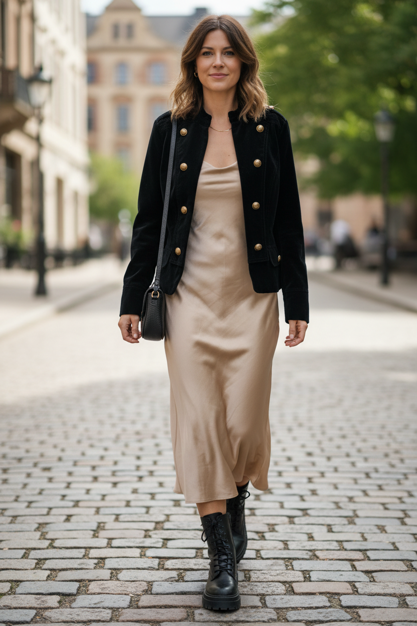 Apartment 9 - Black Velvet Military Bomber Jacket Size 8 - Layered over slip dress with combat boots