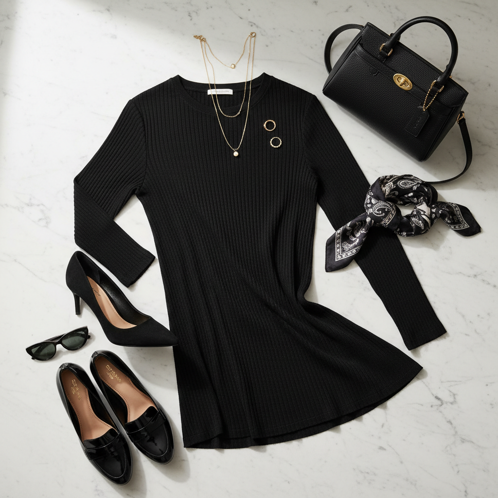 Lou & Grey Black Tee Flat Lay Coach Bag Heels Loafers Jewelry