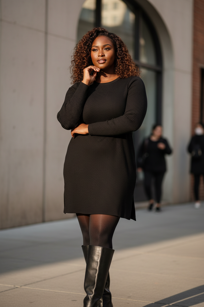 Lou & Grey Black Tee Mid-Thigh Dress Black Tights Knee Boots