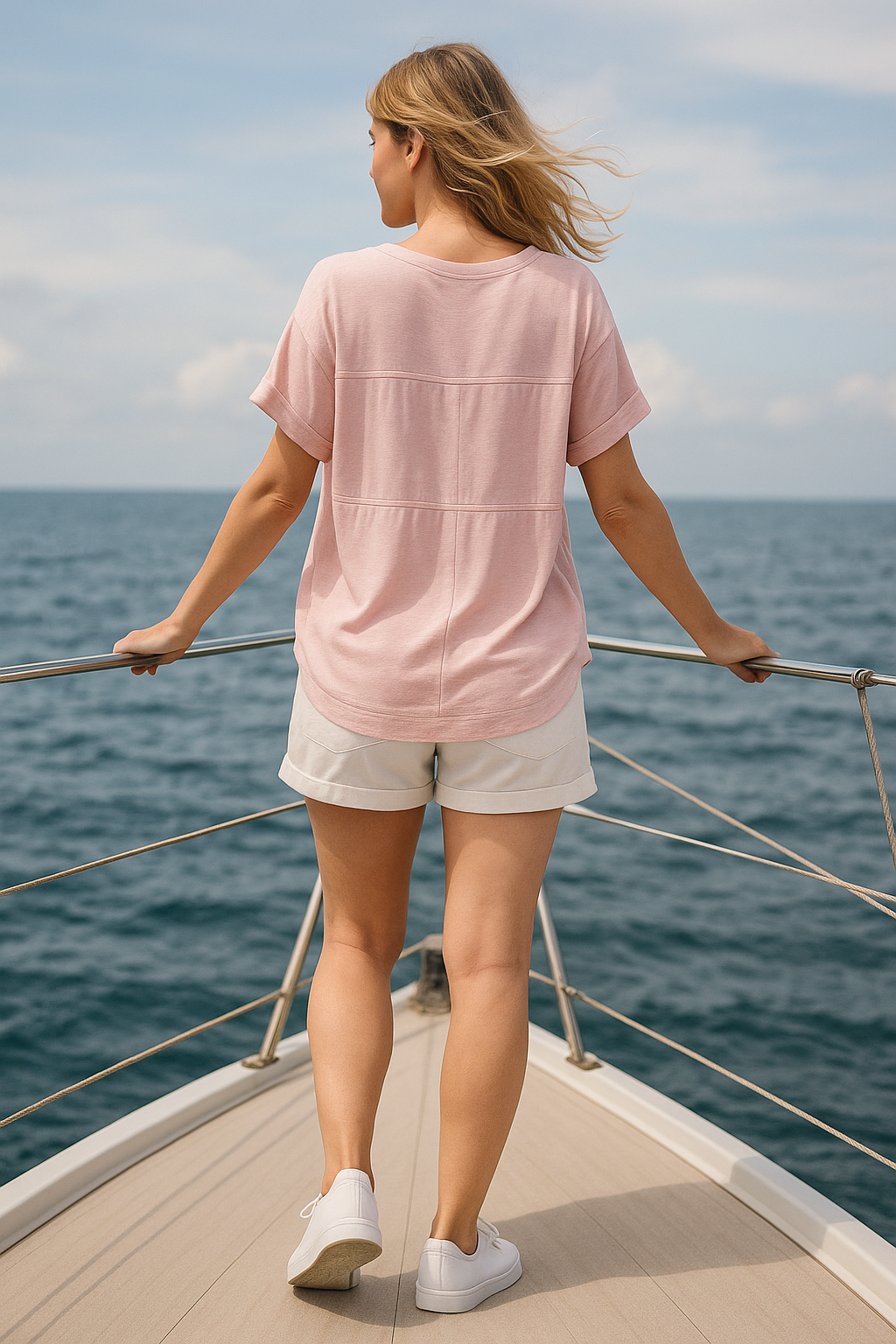 lululemon Wildflower Flow pink t-shirt outdoor styling showing versatile athleisure wear. Back View