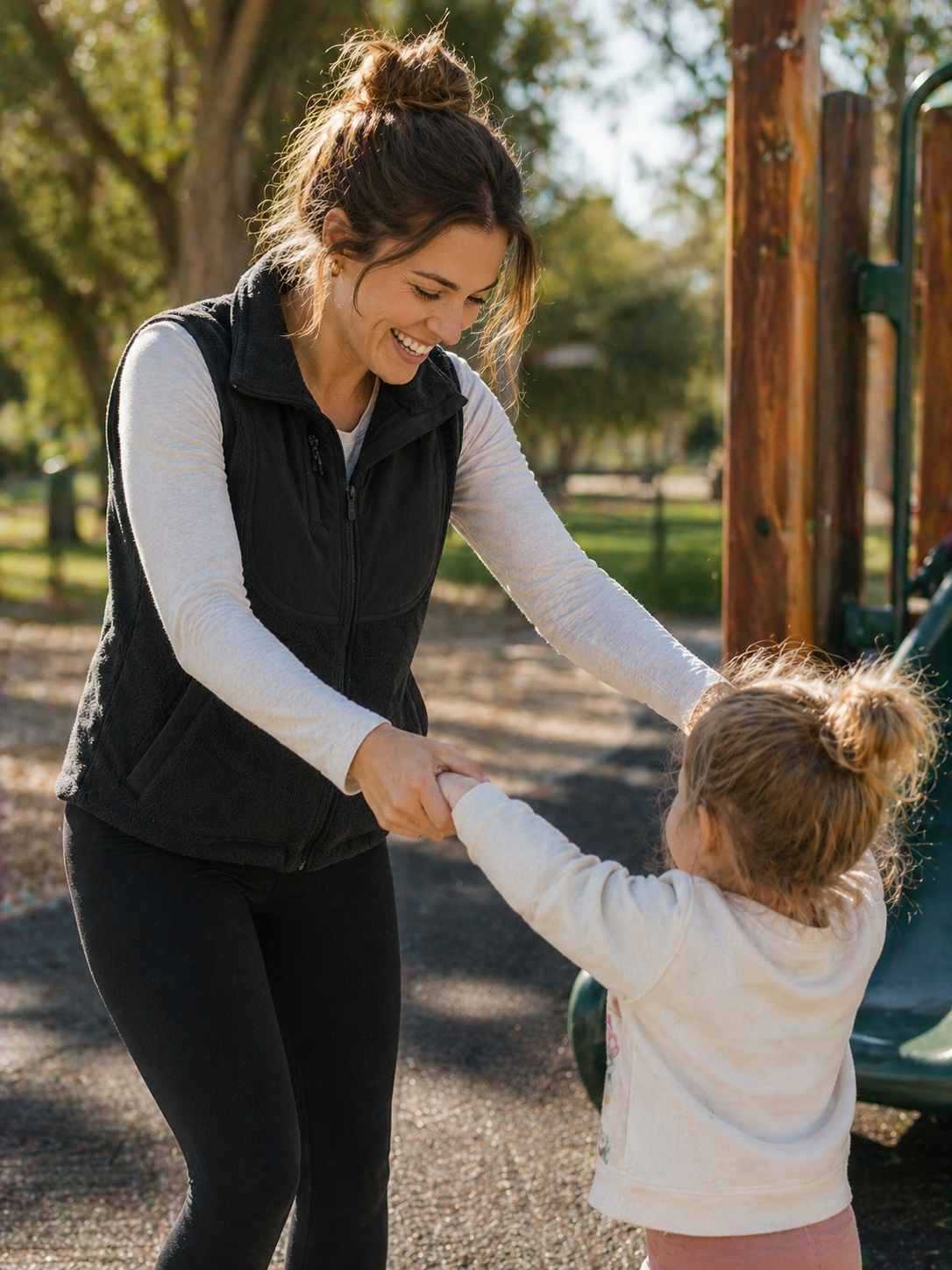 lifestyle image black lululemon vest worn at park with child soft fleece layering for active everyday wear
