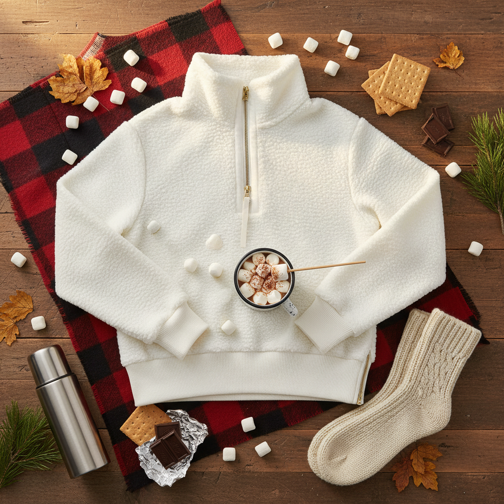 Marshmallow roasting themed flat lay of white fleece pullover