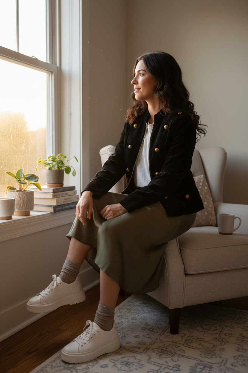 Apartment 9 - Black Velvet Military Bomber Jacket Size 8 - Midi skirt and sneakers - So many styles