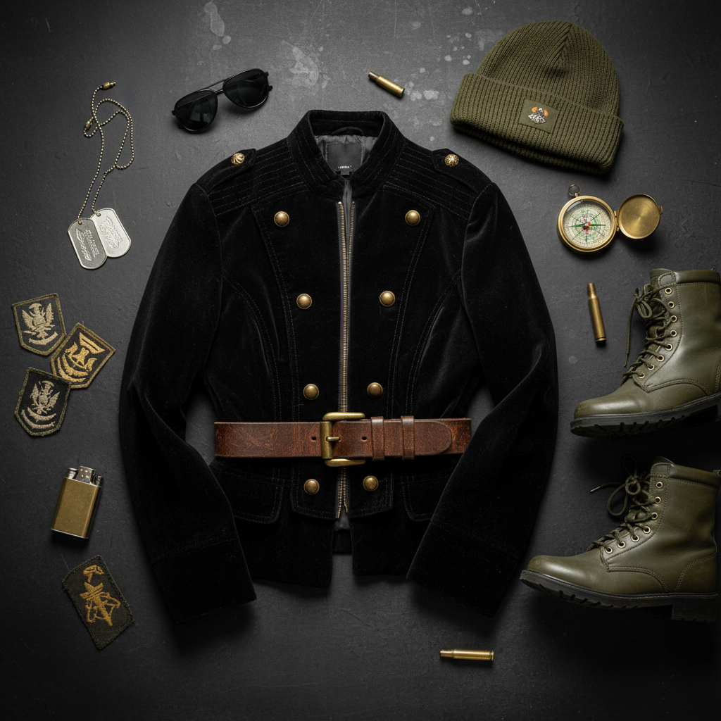 Apartment 9 - Black Velvet Military Bomber Jacket Size 8 - Military flat lay with dog tags and patches