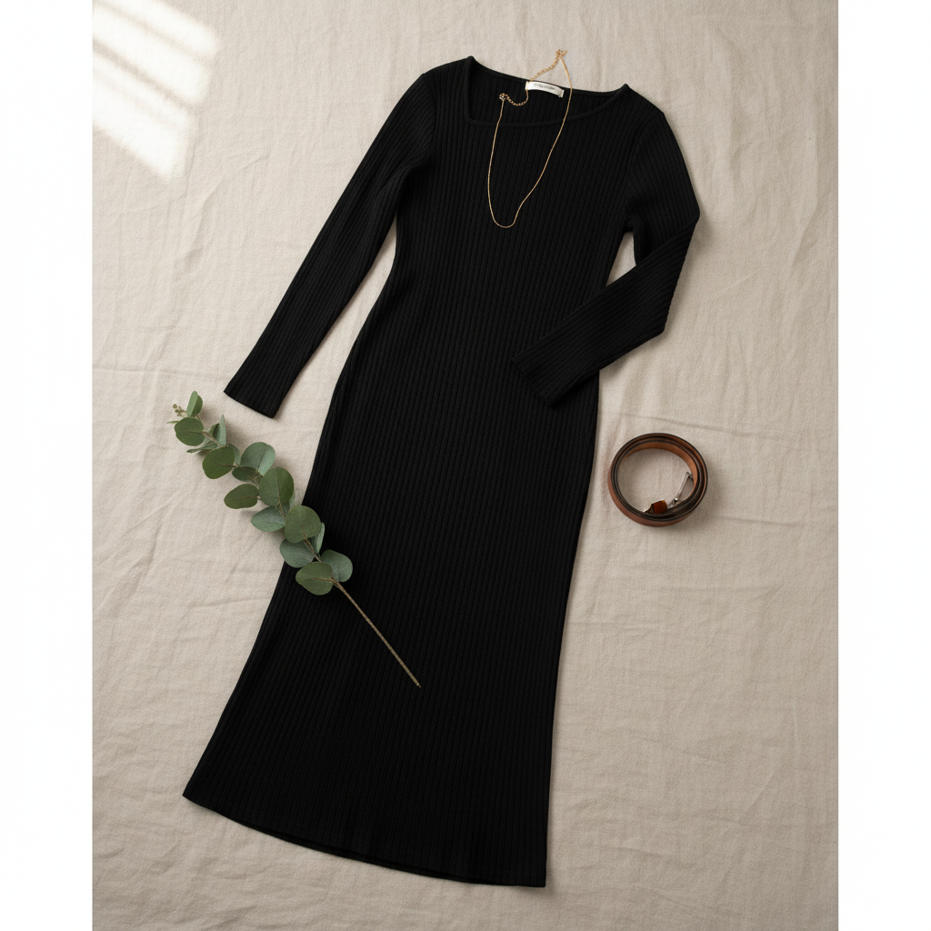 Minimalist flat lay of black dress