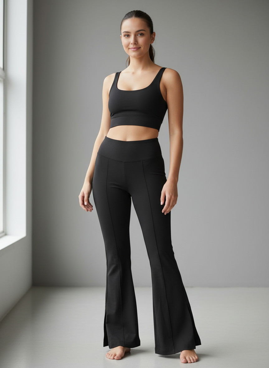 Model wearing black flare pants with straight waistband