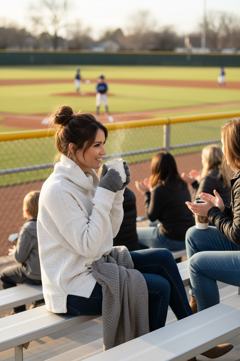 Mom wearing white textured sweatshirt at little league game