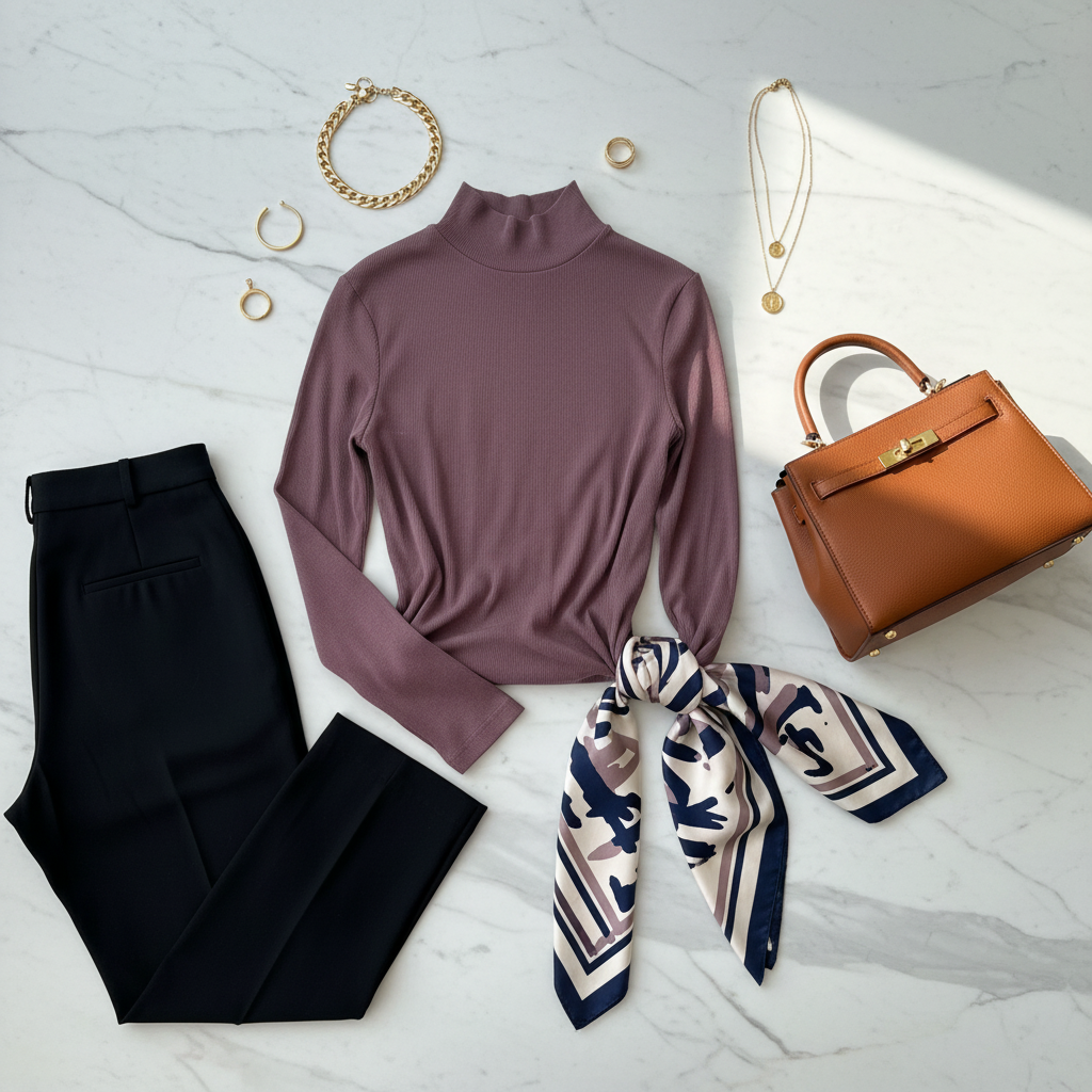 Mono B Mockneck High-End Flat Lay purple ribbed beautiful flat lay.