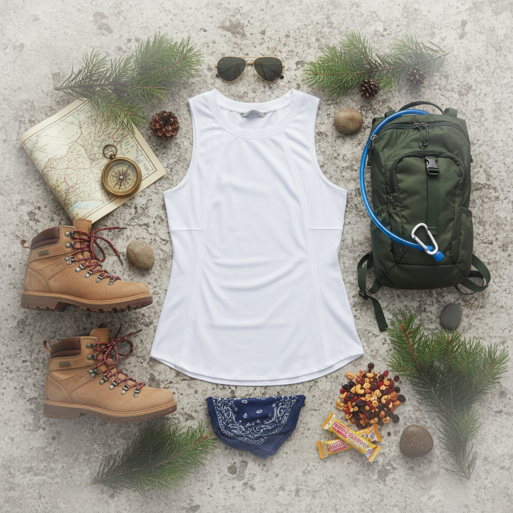 Mountain adventure themed flat lay of white tank with wide armholes