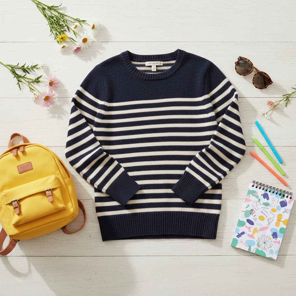 Navy Stripe Sweater Medium Length Flat Lay