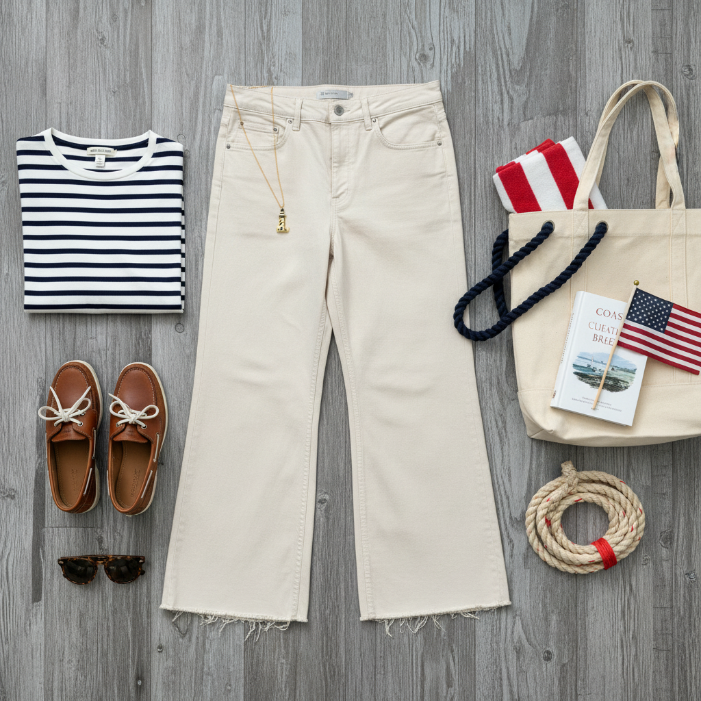 New England inspired flat lay styling with cream jeans