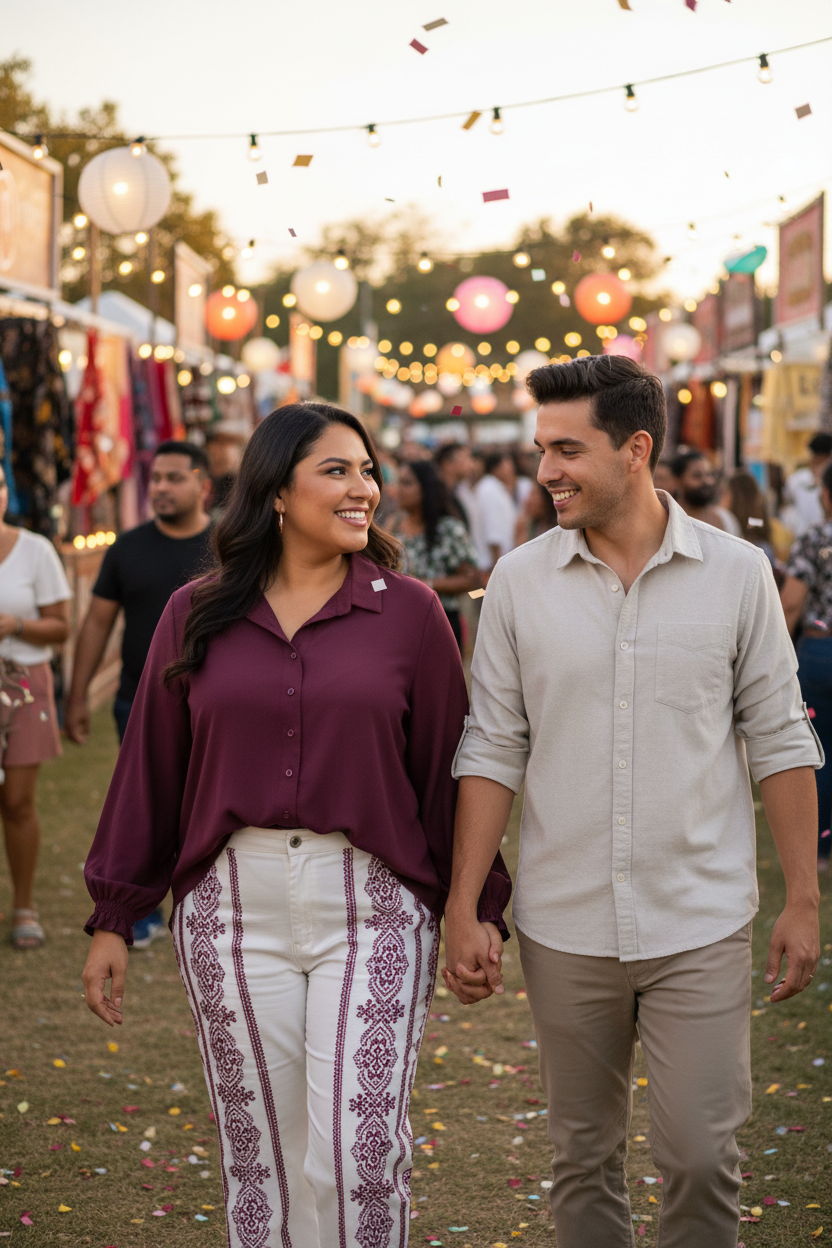 Plus-size Latina woman in maroon shirt at festival with boyfriend