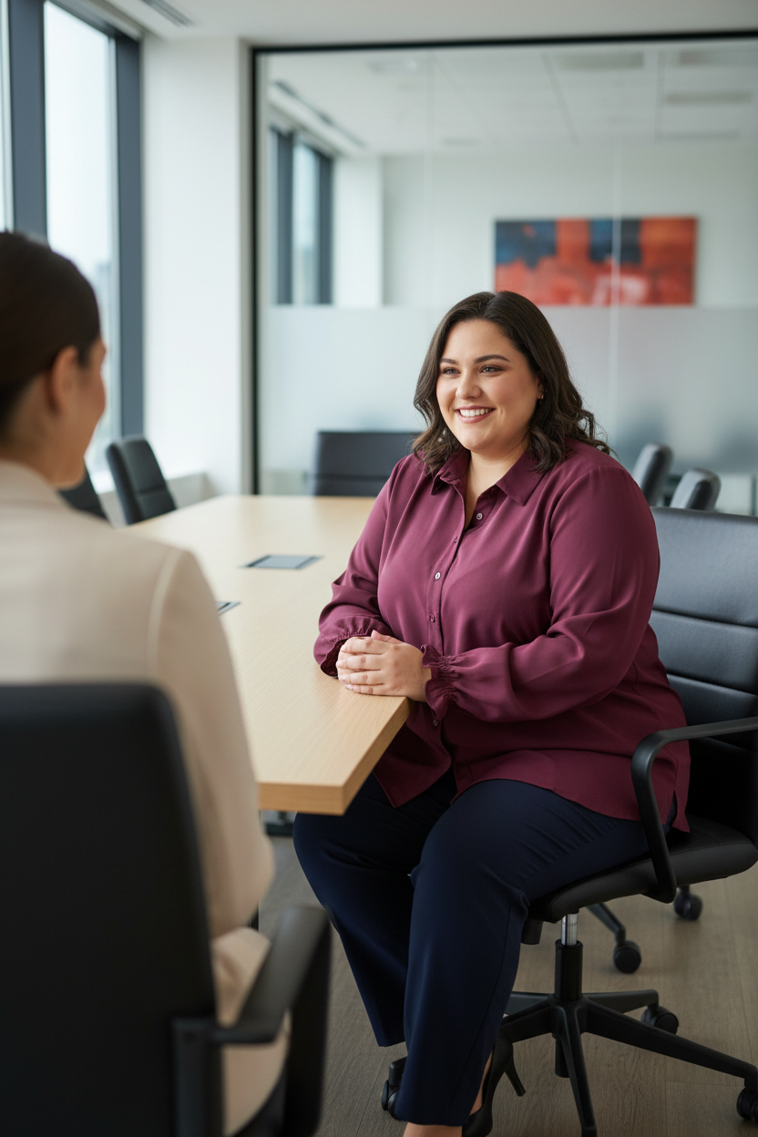 Plus-size woman in full maroon Lane Bryant shirt at client meeting