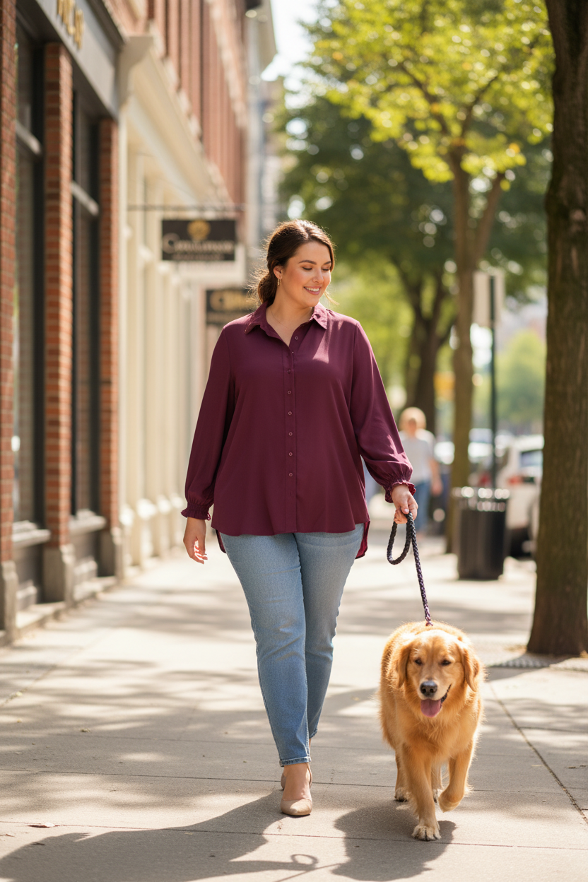 Plus-size woman in maroon shirt walking dog on city street