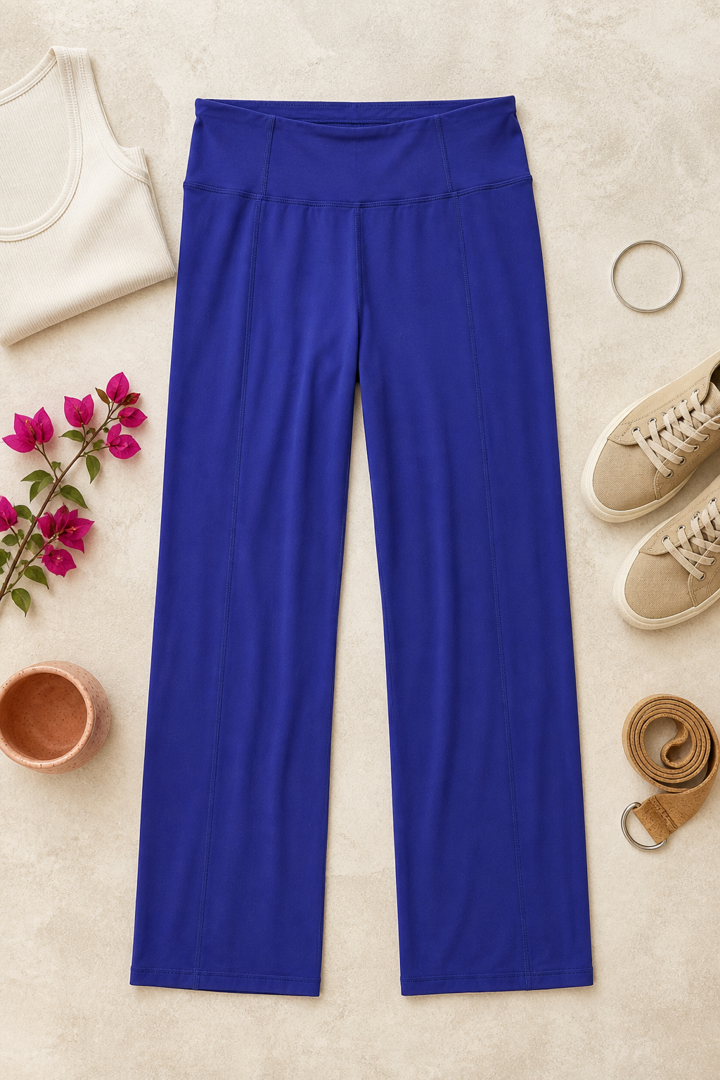 Vivid indigo prAna yoga pants with a relaxed straight leg and regular inseam, size M