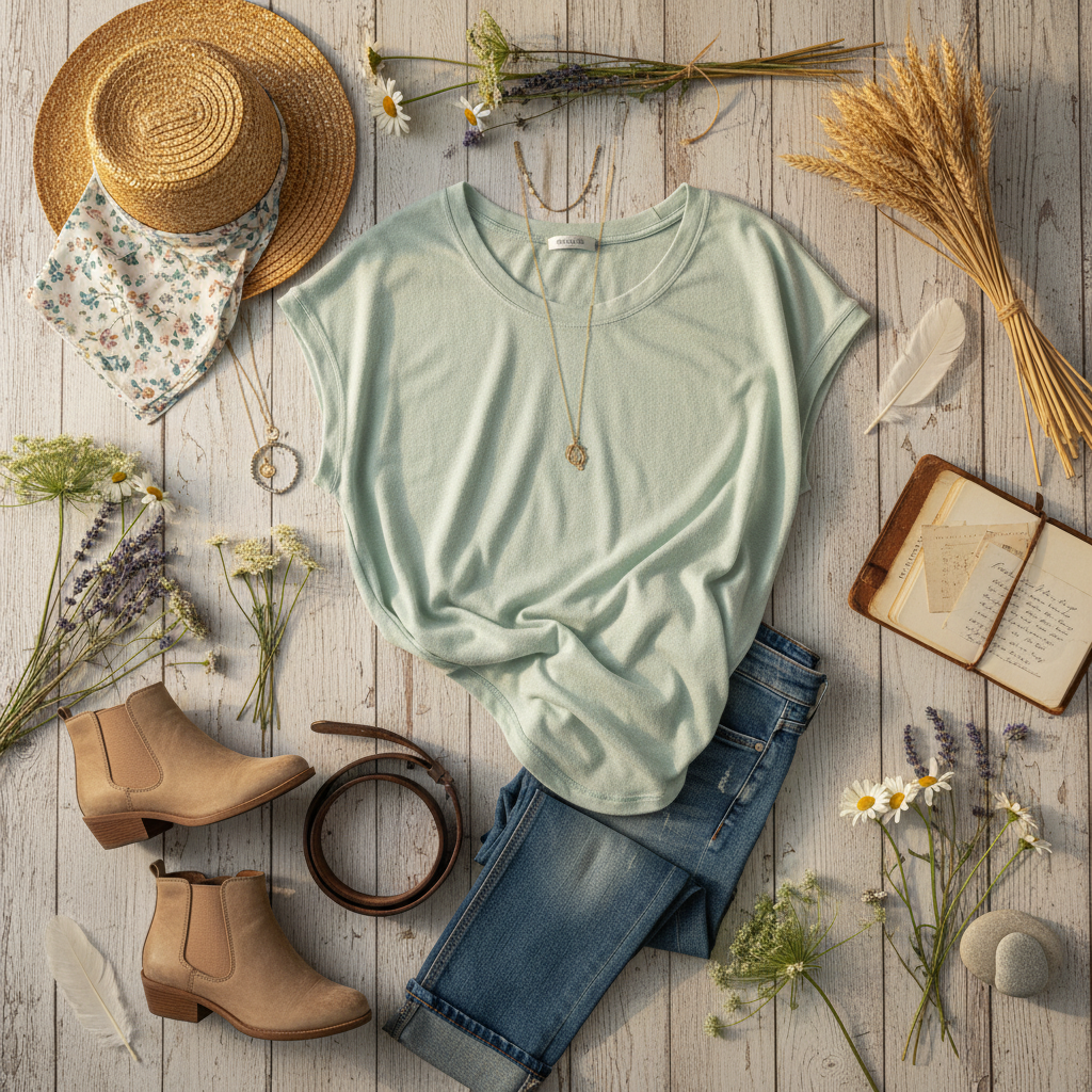 Prairie themed flat lay of mint green burnout tee
