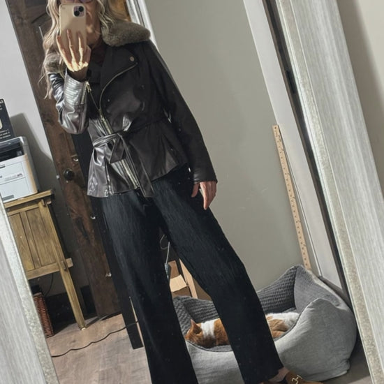 Guess - Chocolate Brown Faux Fur & Leather Moto Jacket - Size S - Home modeling