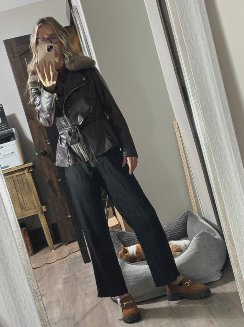 Guess - Chocolate Brown Faux Fur & Leather Moto Jacket - Size S - Home modeling