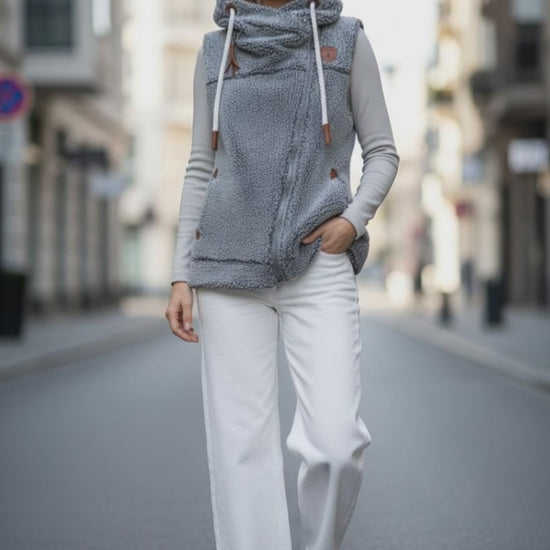 Wanakome Grey Sherpa Asymetrical vest with side pockets, leather accents, rope cinch