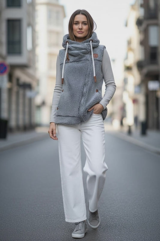Wanakome Grey Sherpa Asymetrical vest with side pockets, leather accents, rope cinch