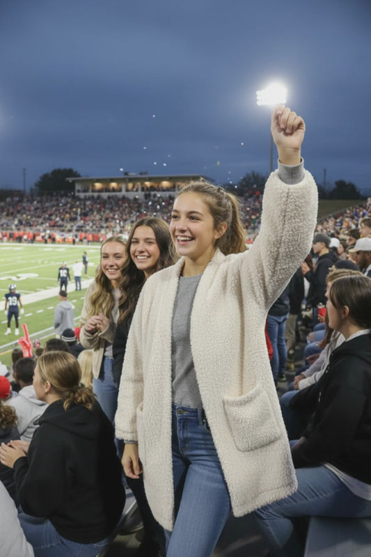 Plushie Cozy - Ivory Fuzzy Sherpa Cardigan - Size L for fun, warmth, and joy.