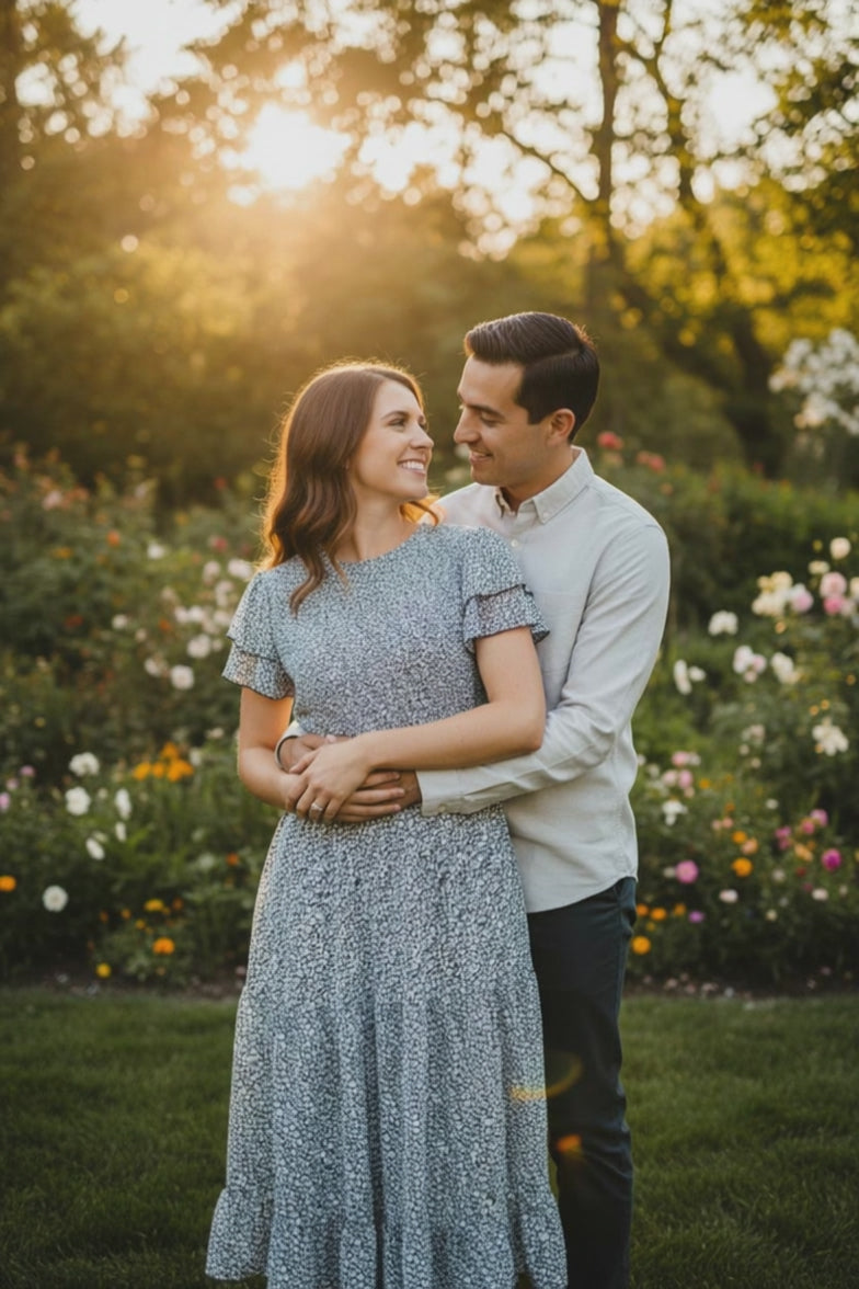 Orange Creek L.A. - Black & Light Blue Floral Midi Dress - Size L - A romantic Dress - fluttery sleeves