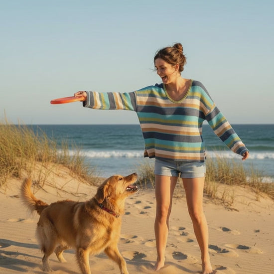 Tribal striped knit sweater long sleeve scoop neck size M — teal blue ivory green