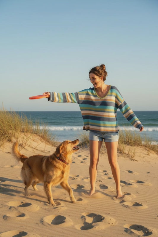 Tribal striped knit sweater long sleeve scoop neck size M — teal blue ivory green