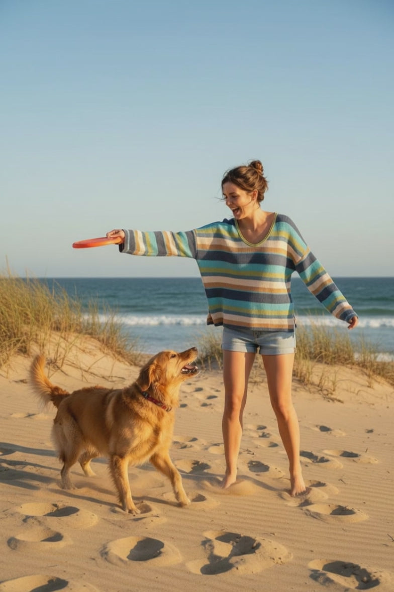 Tribal striped knit sweater long sleeve scoop neck size M — teal blue ivory green