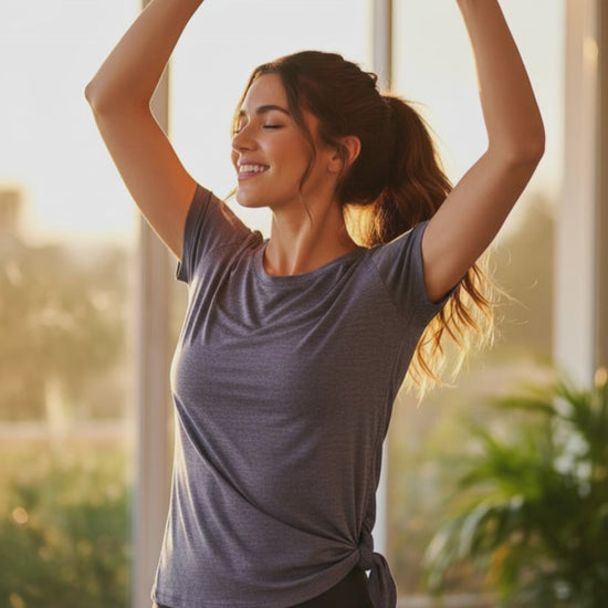 Calia purple grey hip tie t-shirt styled with white cargo shorts and tennis shoes - size small athletic wear